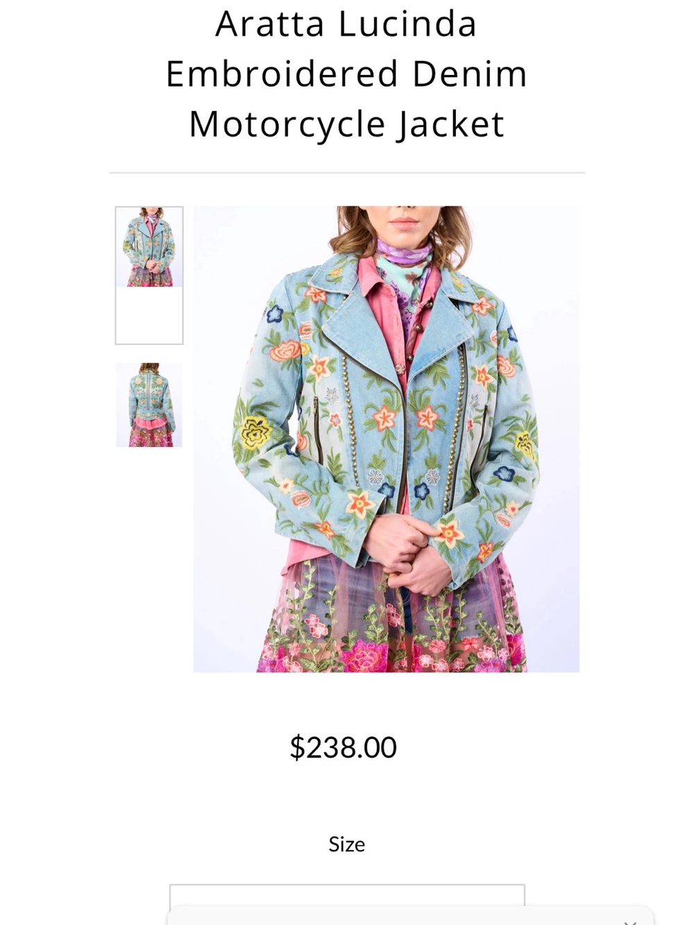 Sold out AR.NWT $240 Aratta Lucinda Embroidered Denim  Light Blue Floral Moto - Picture 4 of 4